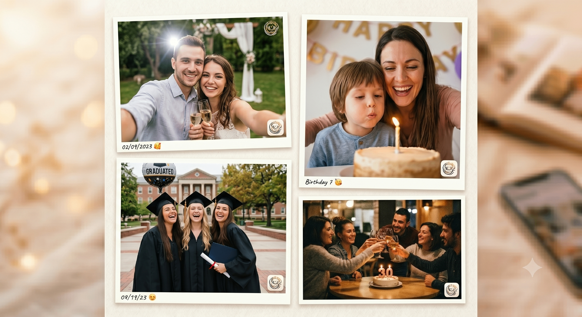 Shared gallery with graduation, wedding toast, and birthday photos added by guests