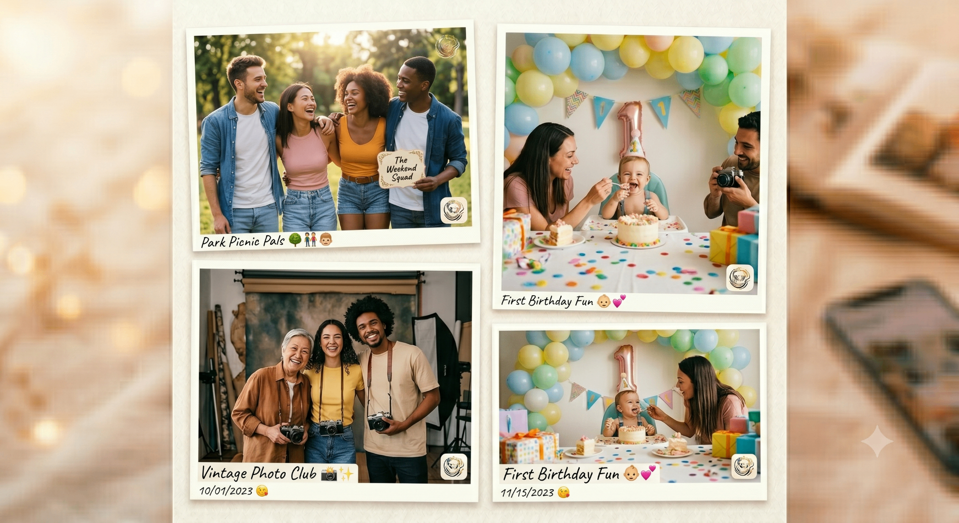 Shared gallery with first birthday and park picnic photos added by friends